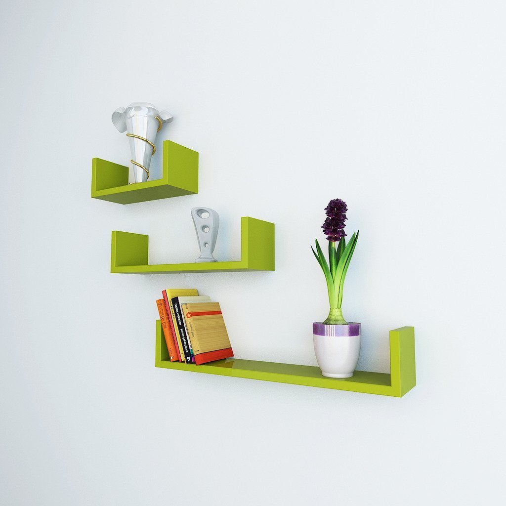 Set of 3 U Shape Floating Wall Shelves for Storage & Display – Green