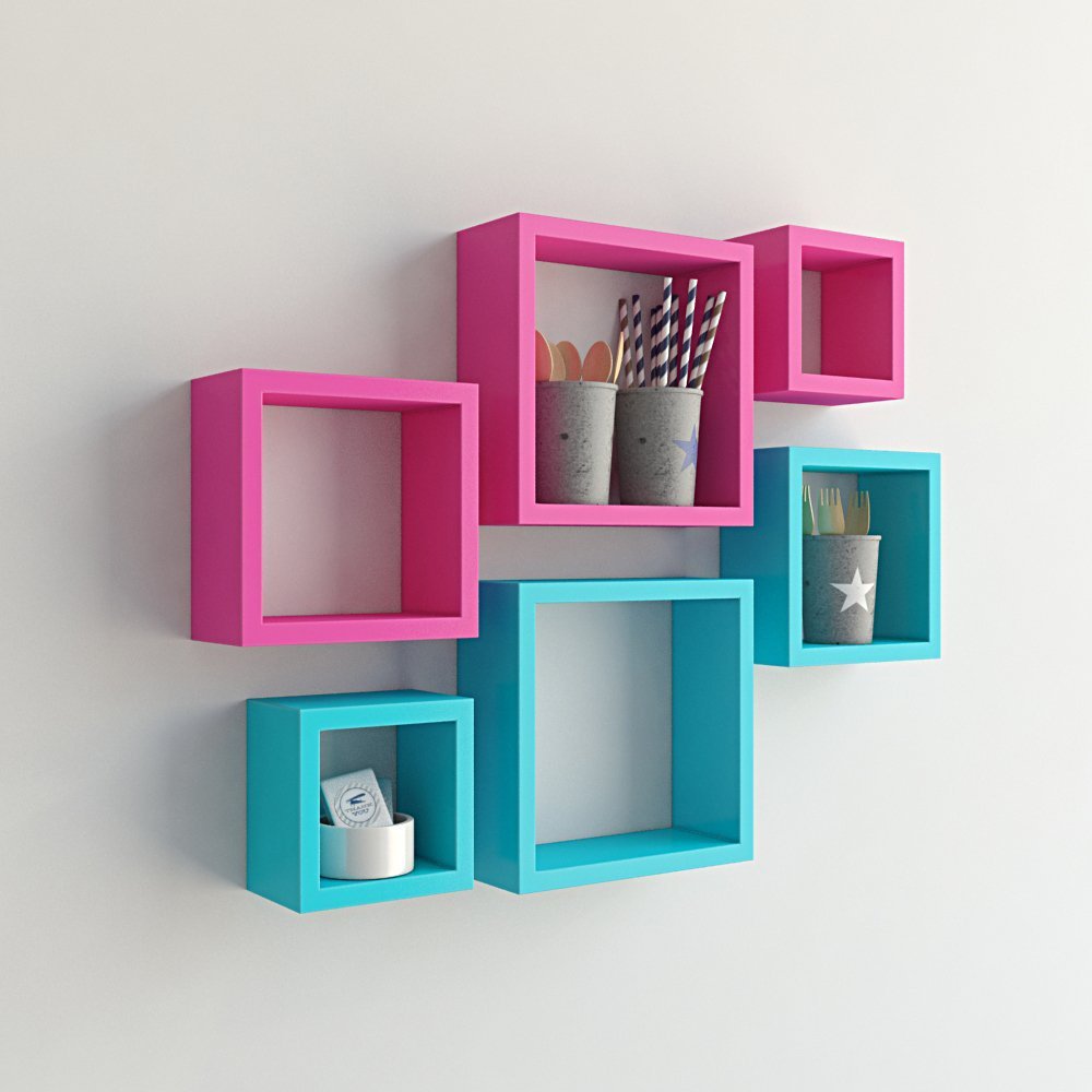 Set Of 6 Nesting Square Wall Shelves for Storage & Display – Sky Blue & Pink
