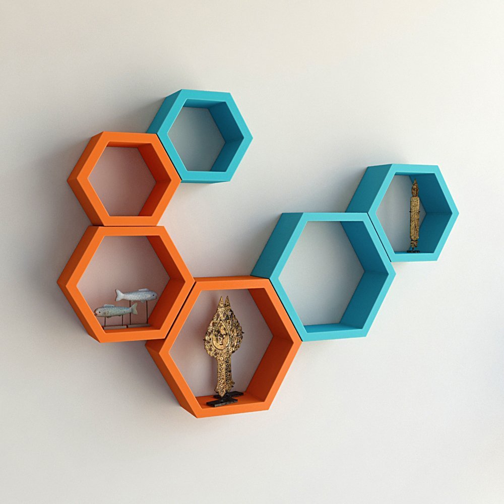 Set Of 6 Hexagon Wall Shelves for Storage & Display – Orange & Sky Blue