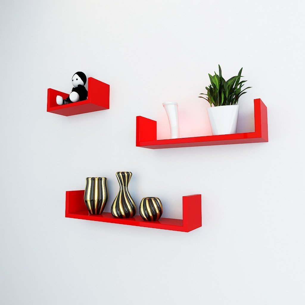 Set of 3 U Shape Floating Wall Shelves for Storage & Display – Red