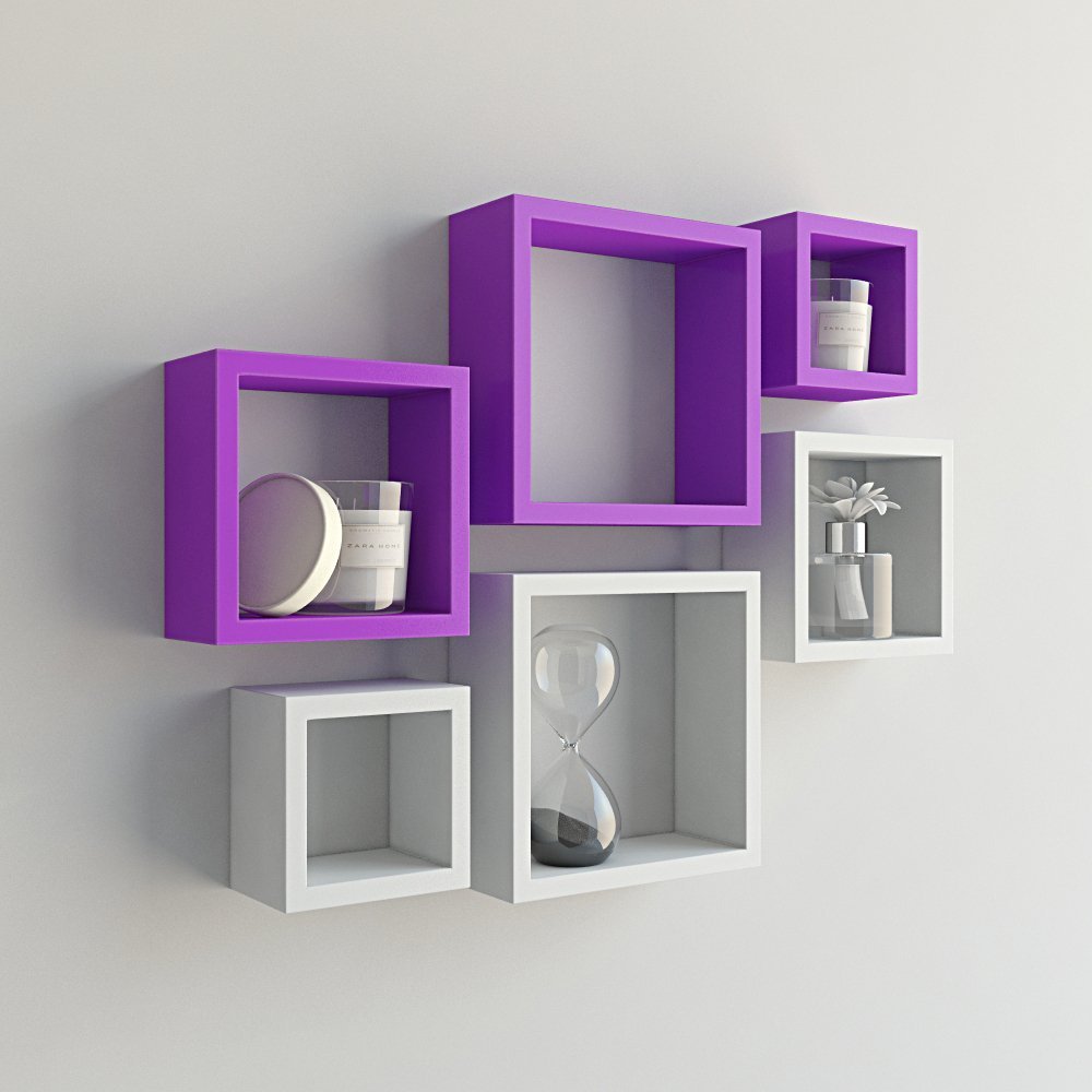 Set Of 6 Nesting Square Wall Shelves for Storage & Display – Purple & White