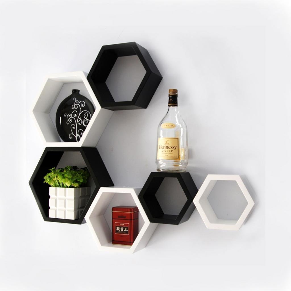 Set of 6 Hexagon Wall Shelves for Storage & Display – Black & White