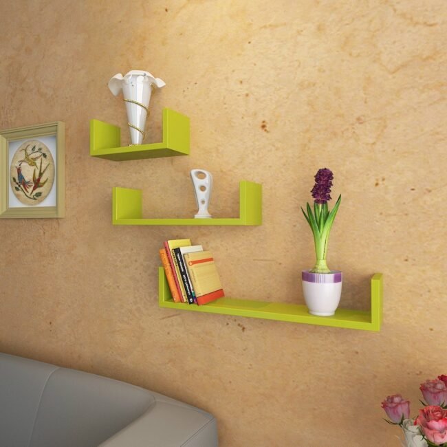 green sall shelves for display and storage