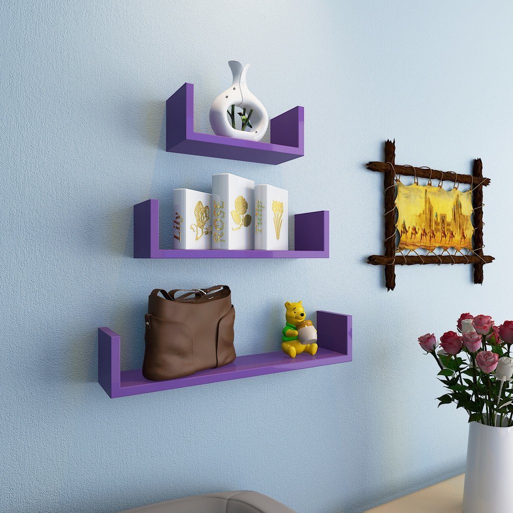 Set of 3 U Shape Floating Wall Shelves for Storage & Dispaly- Purple