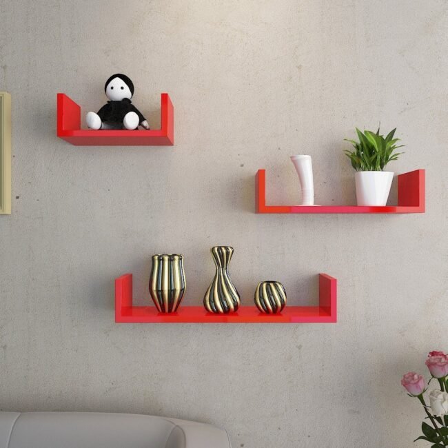 living room furniture wall shelves red