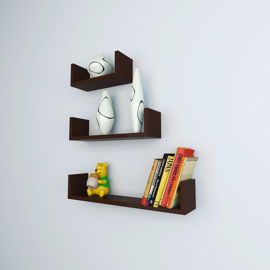 Set of 3 U Shape Floating Wall Shelves for Storage & Display – Brown