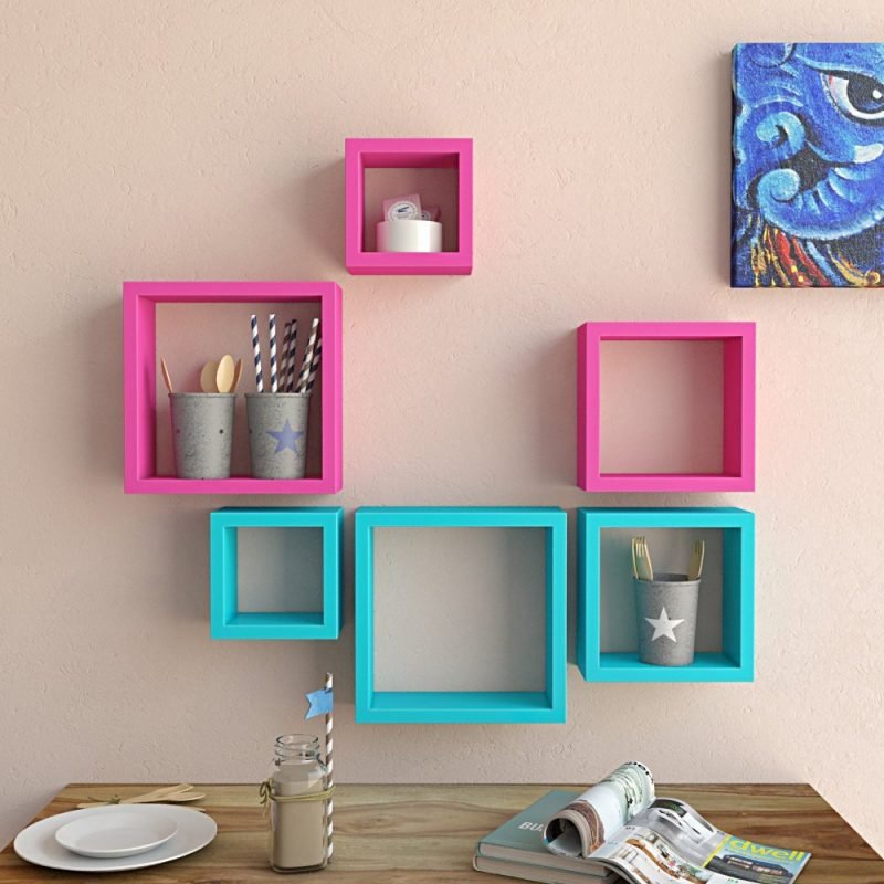 Floating Nesting Square Wall Racks Unit - Sky Blue & Pink