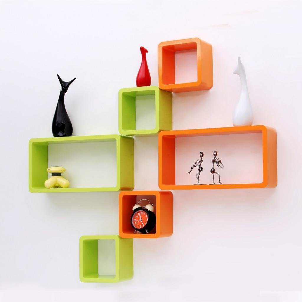 Set Of 6 Cube Rectangle Wall Shelves for Storage & Display – Orange & Green