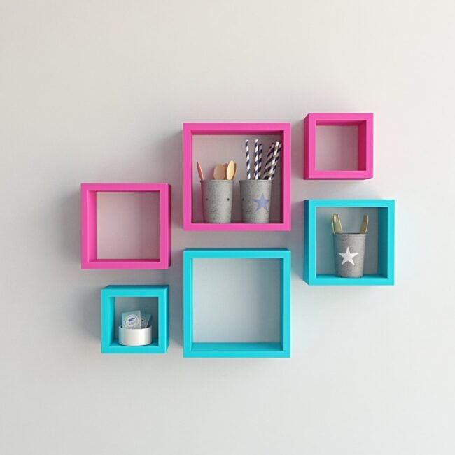 pink skyblue square wall shelves for storage