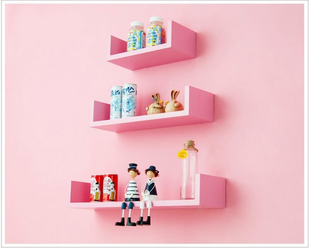 Set of 3 U Shape Floating Wall Shelves for Storage & Display – Pink