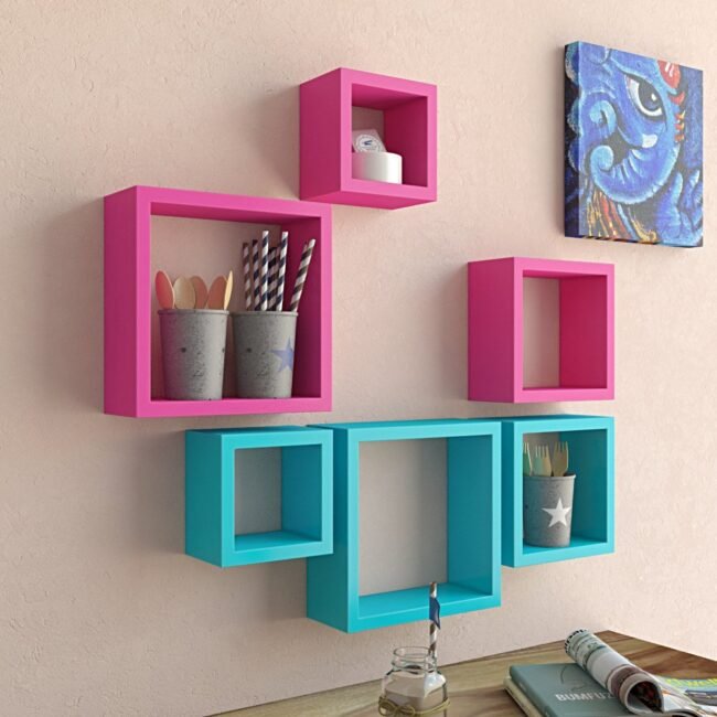 set of 6 nesting square wall shelves pink skyblue