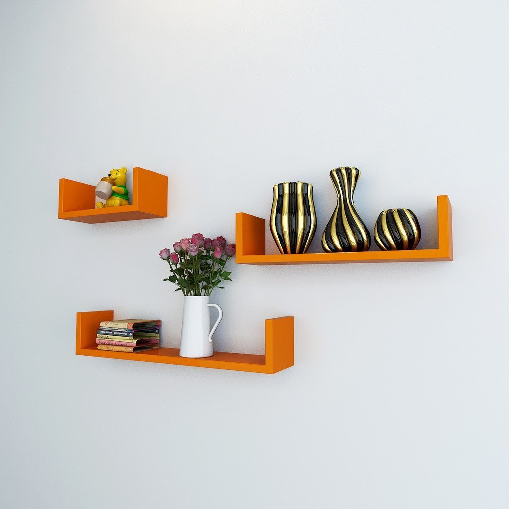 Set of 3 U Shape Floating Wall Shelves for Storage & Display – Orange