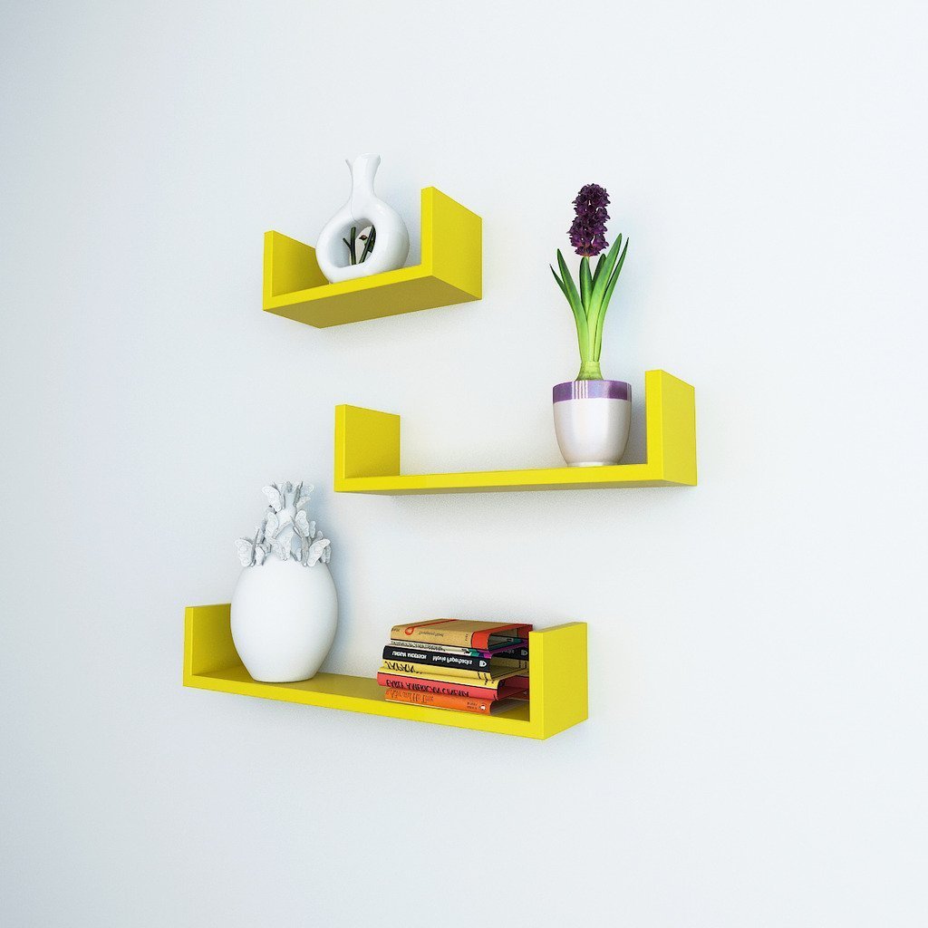Set of 3 U Shape Floating Wall Shelves for Storage & Display – Yellow