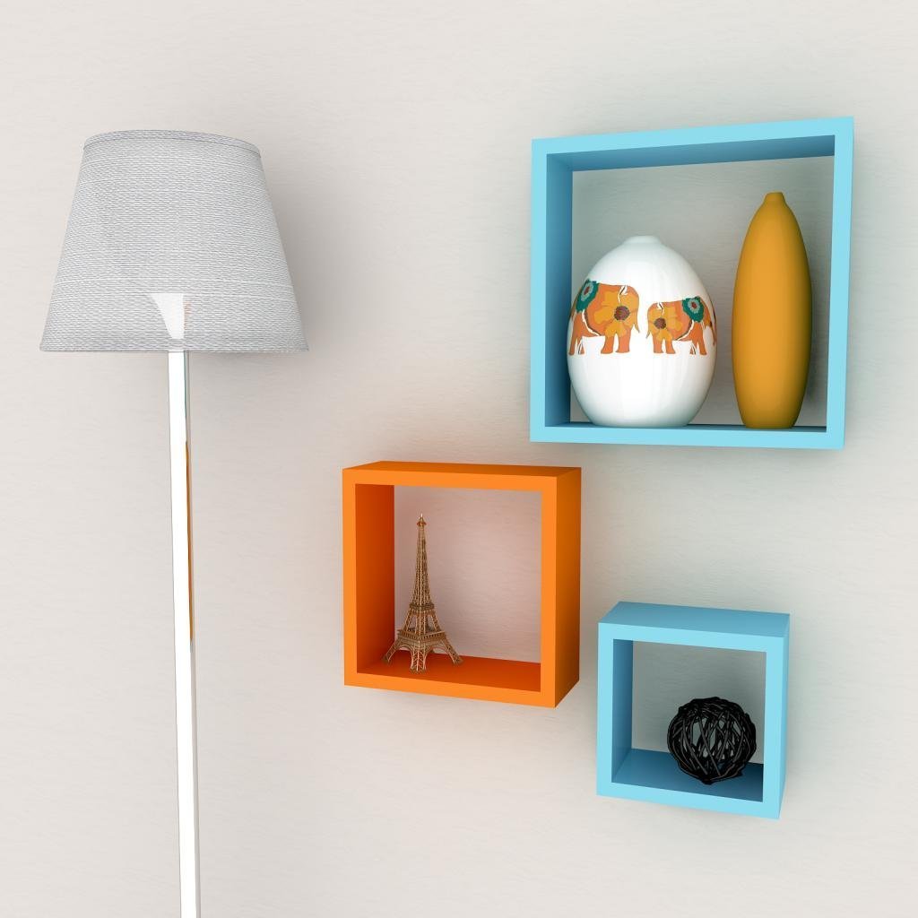 Set of 3 Nesting Square Wall Shelves for Storage & Display – Skyblue & Orange