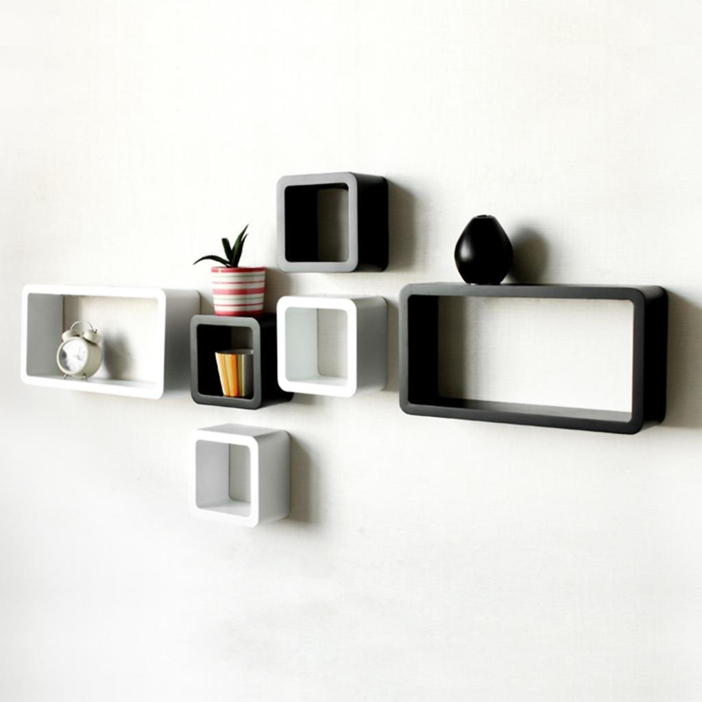 Set of 6 Cube Rectangle Wall Shelves for Storage & Display – Black & White