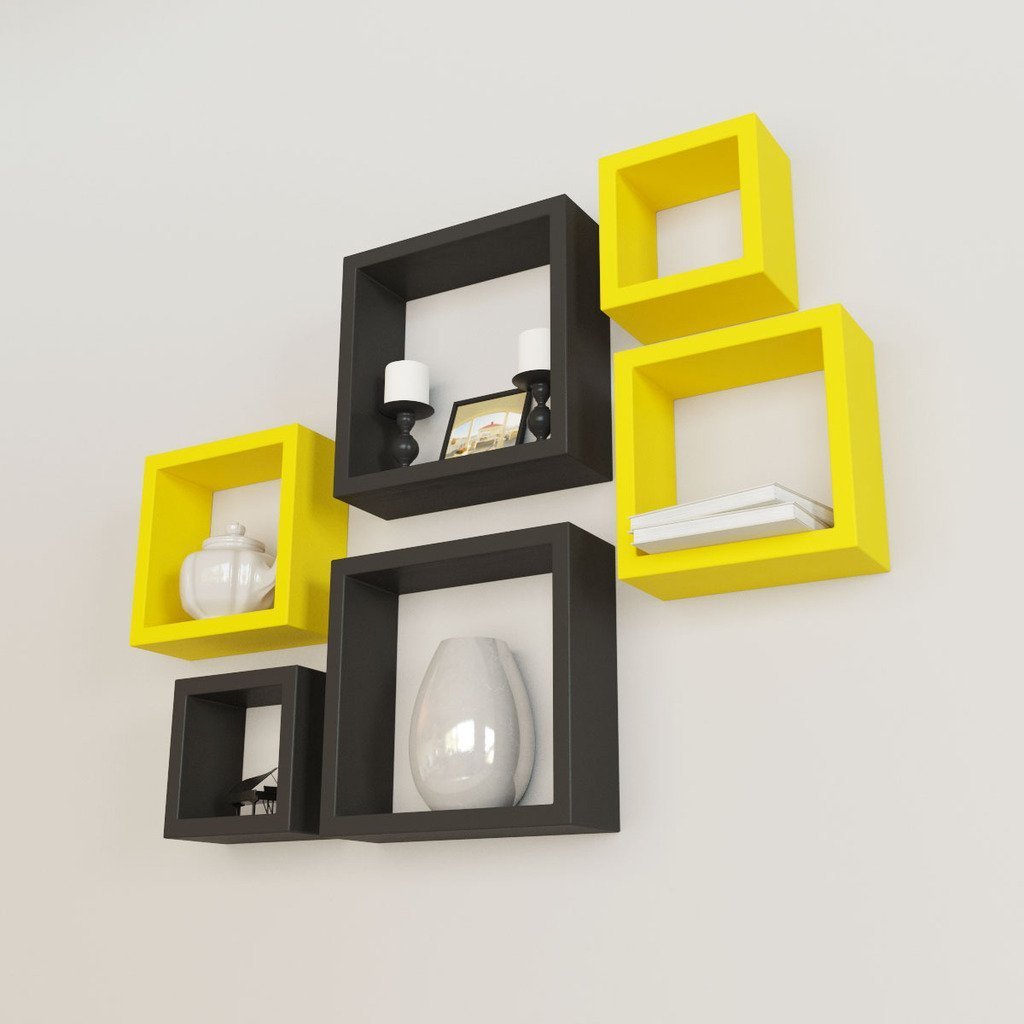 Set Of 6 Nesting Square Wall Shelves for Storage & Display – Yellow & Black