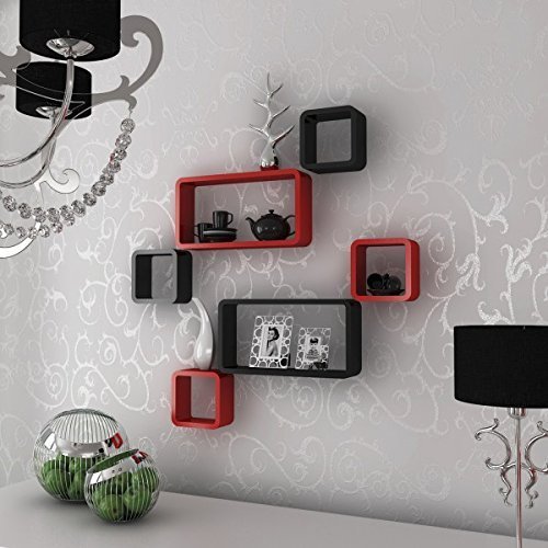 Set Of 6 Cube Rectangle Wall Shelves for Storage & Display – Red & Black