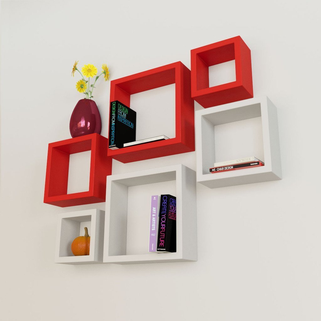 Set Of 6 Nesting Square Wall Shelves for Storage & Display – Red & White