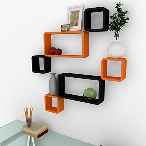 Set Of 6 Cube Rectangle Wall Shelves for Storage & Display – Orange & Black