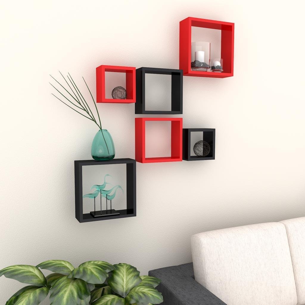 Set Of 6 Nesting Square Wall Shelves for Storage & Display – Red & Black