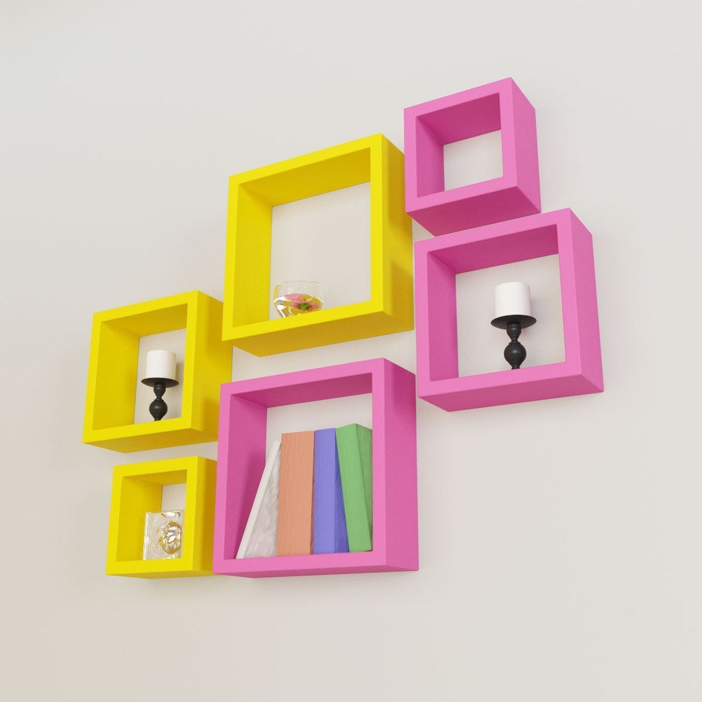 Set Of 6 Nesting Square Wall Shelves for Storage & Display – Pink & Yellow