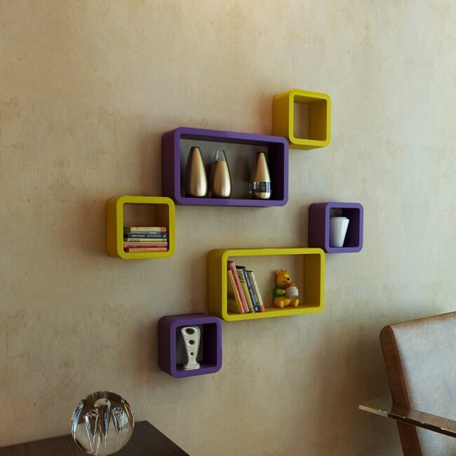 contemporary wall shelves for wall decor purple yellow