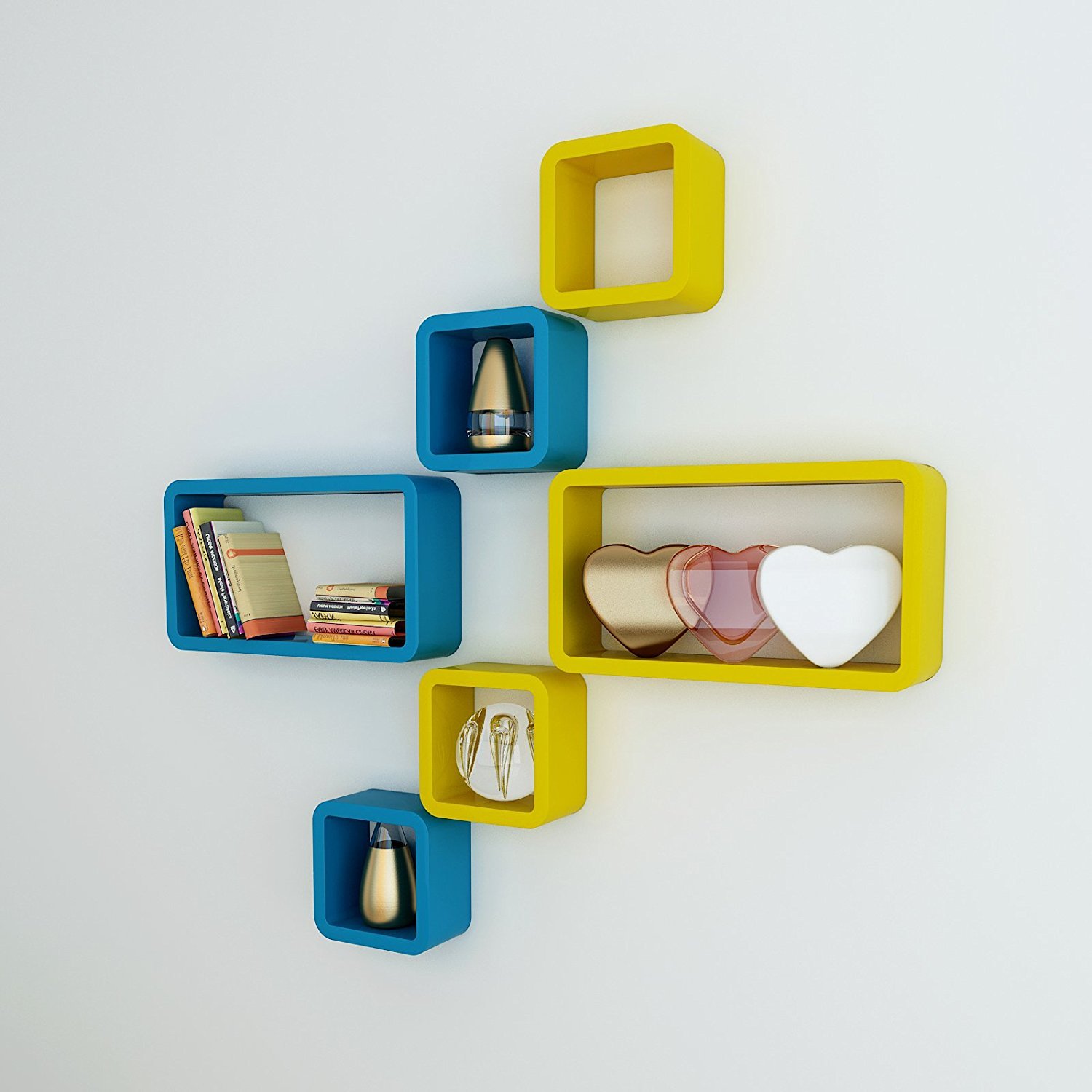 Set Of 6 Cube Rectangle Wall Shelves for Storage & Display – Sky Blue & Yellow