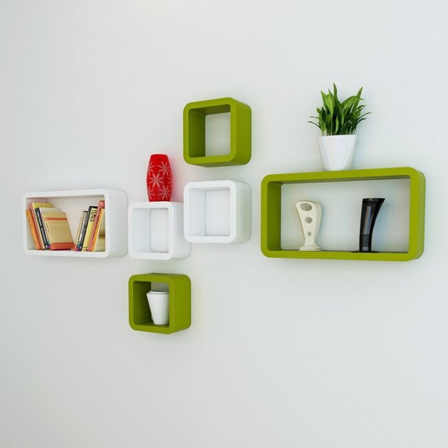 cube rectangle green white wall shelf unit