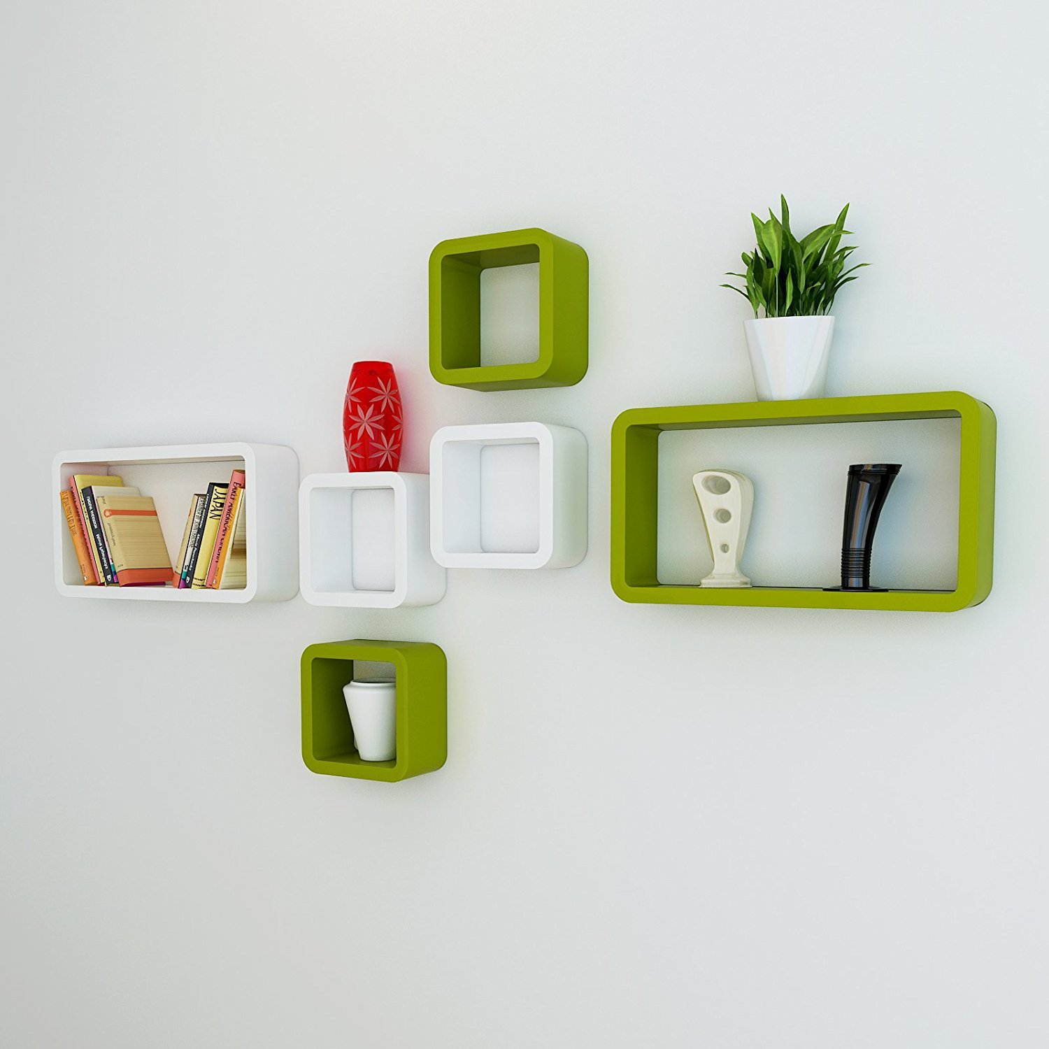 Set Of 6 Cube Rectangle Wall Shelves for Storage & Display – Green & White