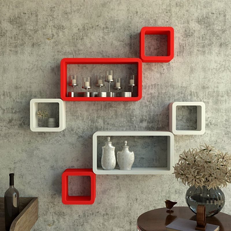 Wall Shelf Set 6 Cube Rectangle Shelves Red And White