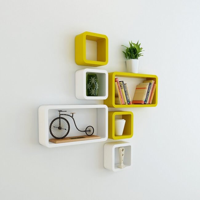 cube rectangle wall shelves yellow white for storage and display