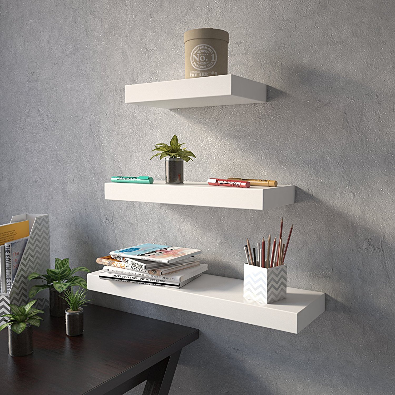 Set Of 3 (24x7IN 18x7IN 12x7IN) Floating Wall Shelves for Storage & Shelves  – White