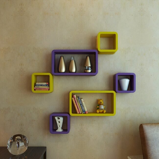 decorative wall shelves purple yellow online india