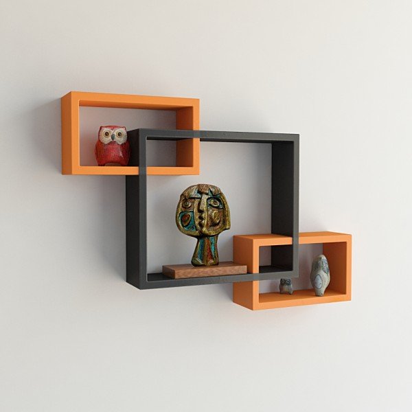 Set of 3 Rectangular Intersecting Floating Wall Shelves for Storage & Display – Orange & Black