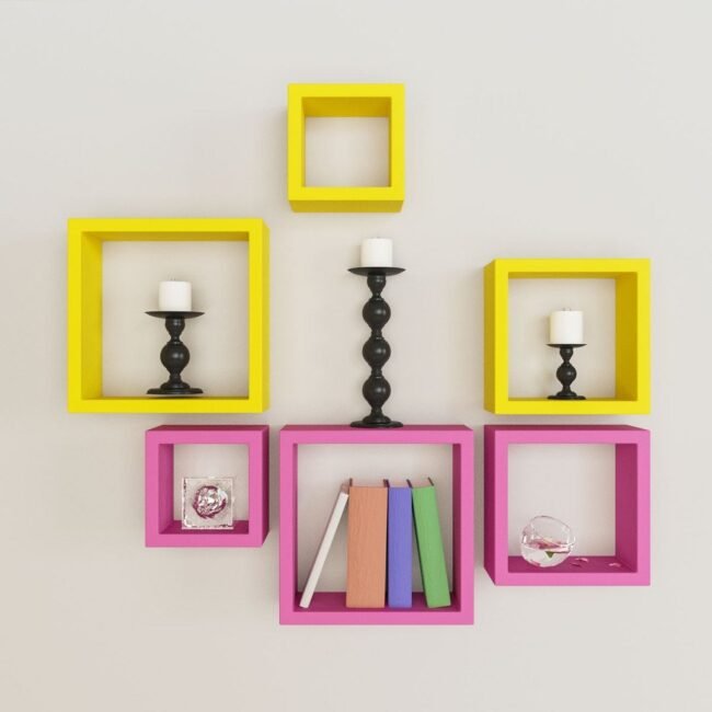 designer pink yellow wall decor shelves