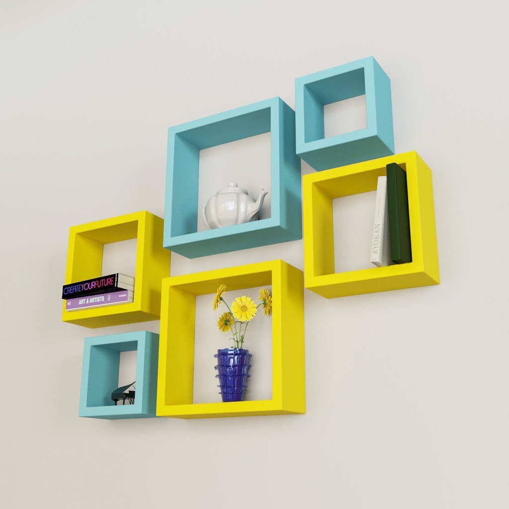 Set Of 6 Nesting Square Wall Shelves for Storage & Display – Sky Blue & Yellow