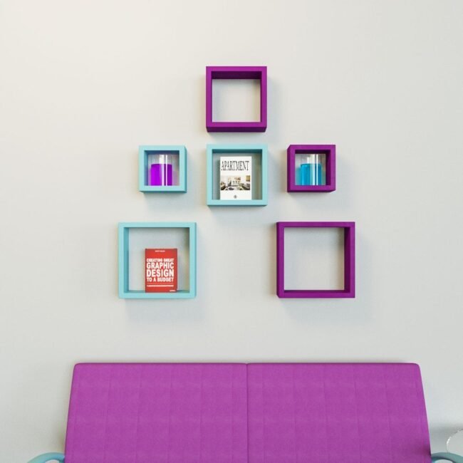designer set of 6 skyblue purple wall shelves for home decor