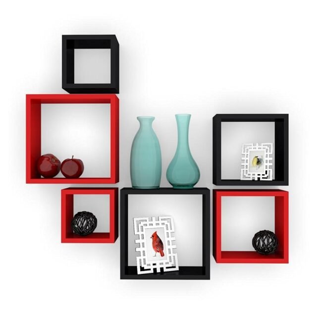 designer set of 6 square red black wall racks