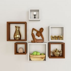 Set Of 6 Nesting Square Wall Shelves for Storage & Display - White & Brown - Image 2