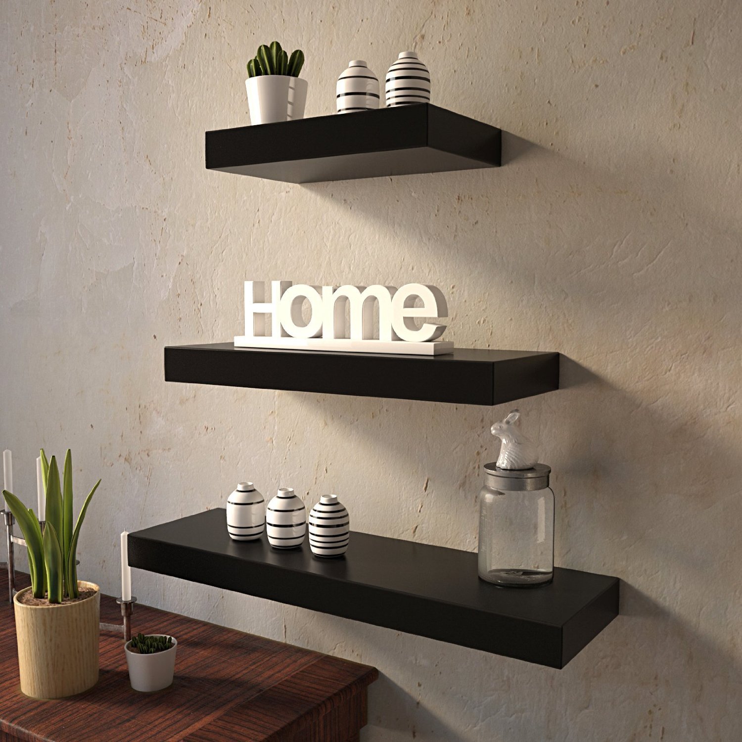 Set Of 3 (24x7IN 18x7IN 12x7IN) Floating Wall Shelves for Storage & Display – Black