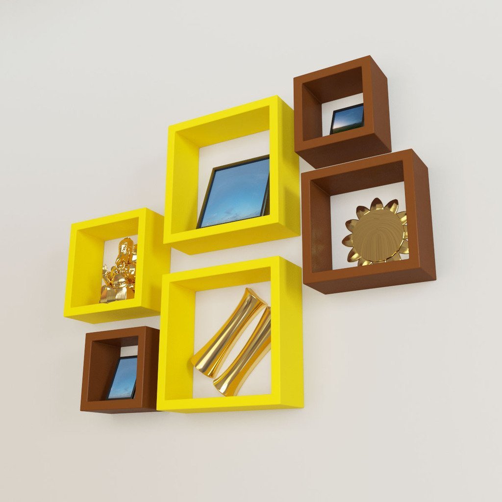 Set Of 6 Nesting Square Wall Shelves for Storage & Display – Yellow & Brown
