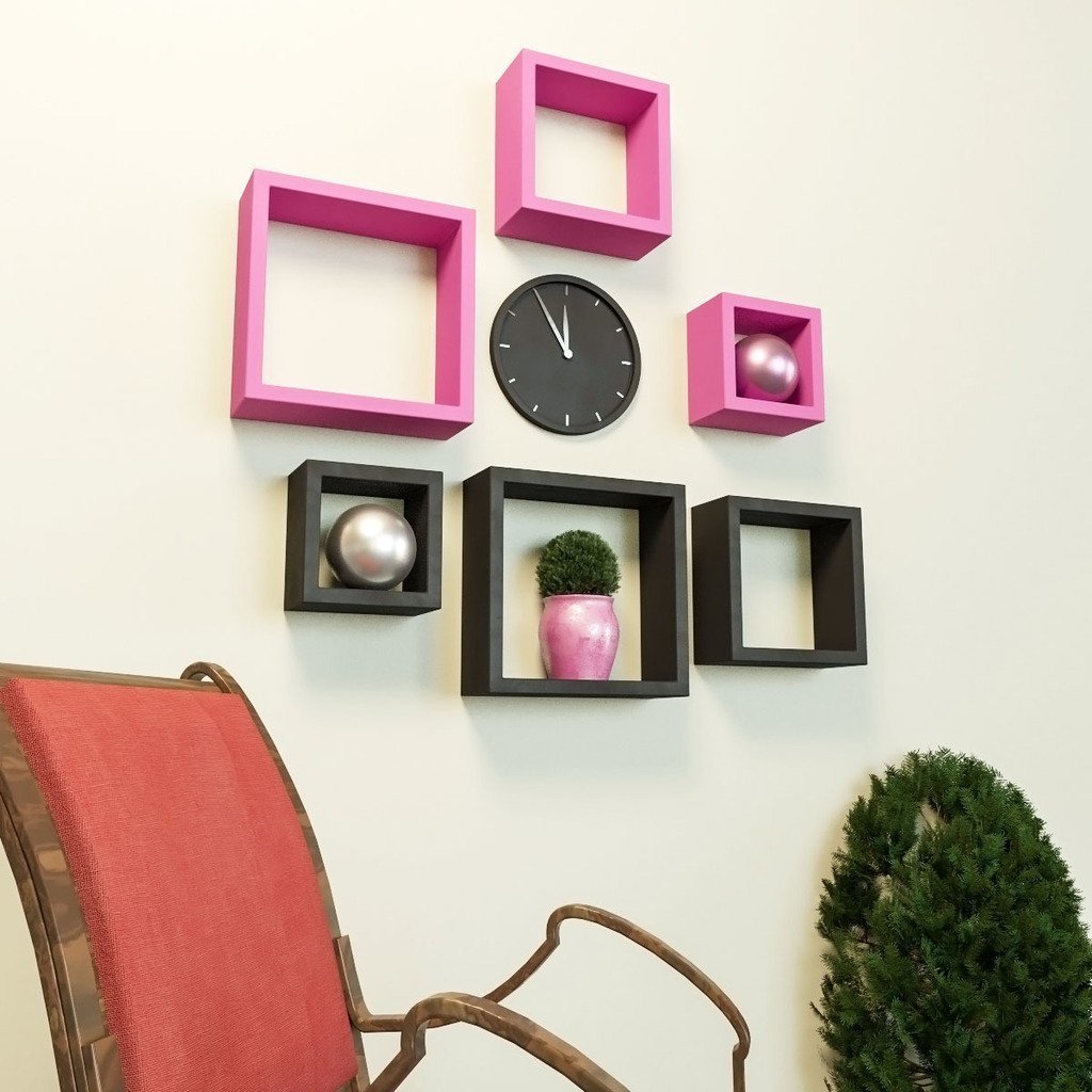 Set Of 6 Nesting Square Wall Shelves for Storage & Display – Pink & Black