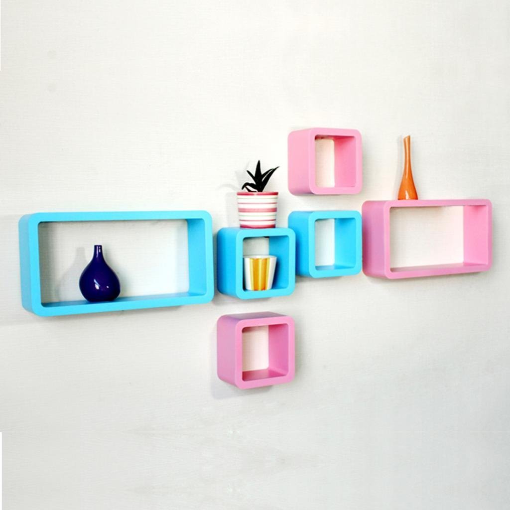 Set of 6 Cube Rectangle Wall Shelves for Storage & Display – Pink & Sky Blue