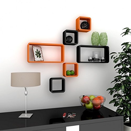 floating set of 6 wall shelves orange black