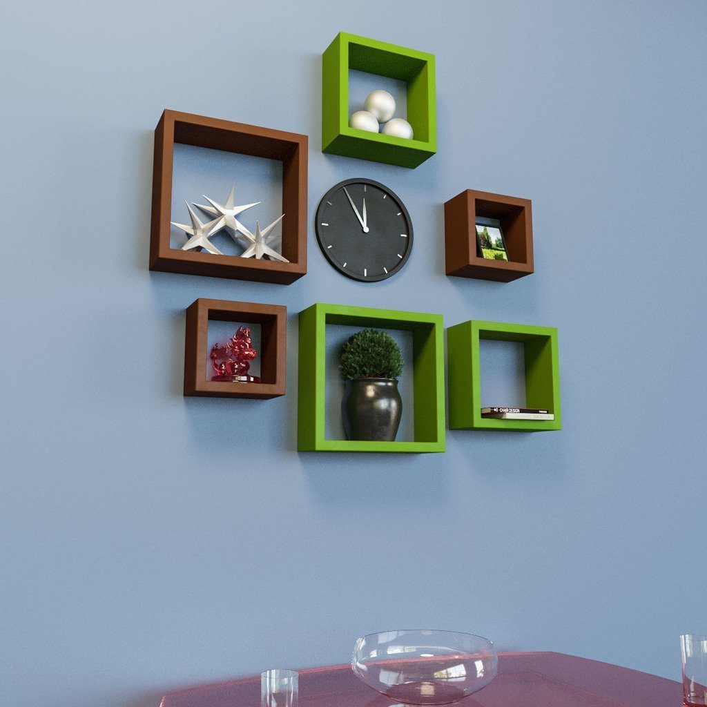 Set Of 6 Nesting Square Wall Shelves for Storage & Display – Green & Brown