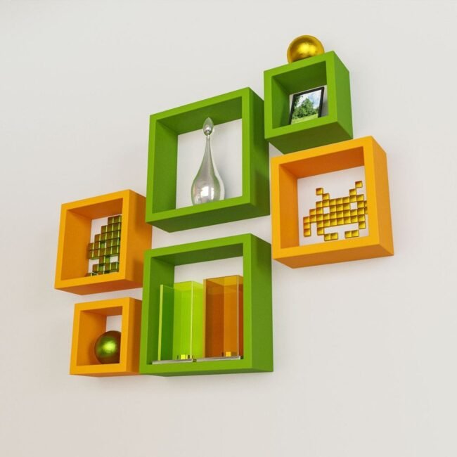 green orange square wall racks for storage in living room