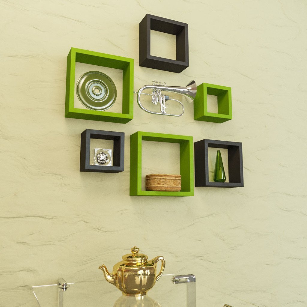 Set Of 6 Nesting Square Wall Shelves for Storage & Display – Green & Black