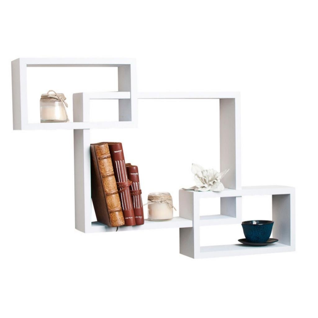 Set of 3 Rectangular Intersecting Floating Wall Shelves for Storage & Display – White