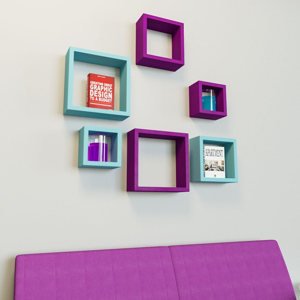 Set Of 6 Nesting Square Wall Shelves for Storage & Display – Sky Blue & Purple