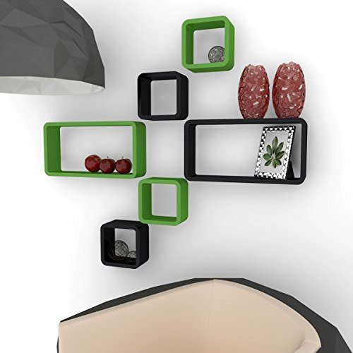 Set Of 6 Cube Rectangle Wall Shelves for Storage & Display – Green & Black